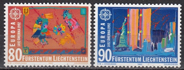 Лихтенштейн 1992 500 лет открытия Америки Европа СЕПТ 1033-1034 MNH
