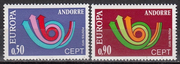 Андорра Французская 1973 Три стрелы в виде стилизованного почтового рожка Европа СЕПТ 247-248 MNH