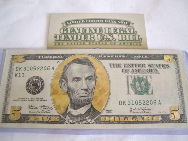 Коллекц. банкнота 5 долларов США,зол. голограм.Оч. редкая
