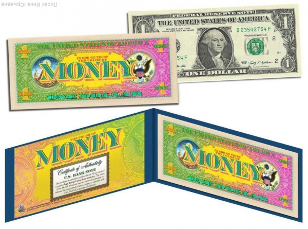 1 доллар США,цветной с одной стороны