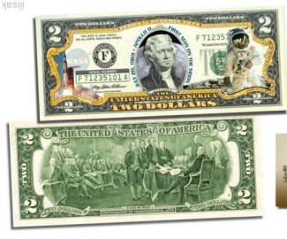2 доллара США,Первый человек на Луне,цветная,редкая