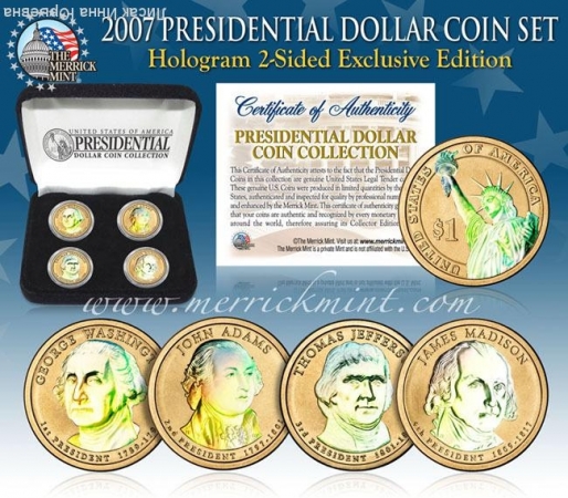 Набор из 4-х монет,1$,Президенты,24К зол. покрытие+голограмма с 2-х сторон,2007г