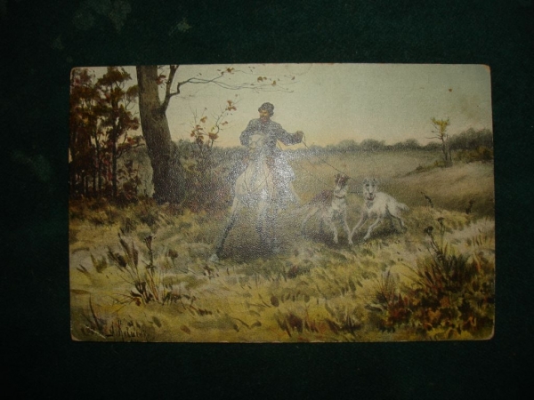 Старинная открытка:русская псовая охота,КИВШЕНКО.СПУСКАЮТ СВОРУ,Россия