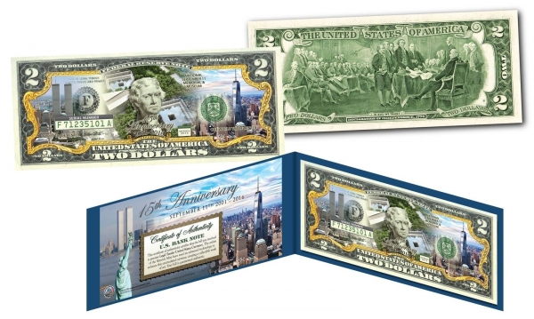 2 доллара США Башни 11 сентября,15-я годовщина Память,цветная