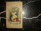 Старинная открытка.РАСКРАШЕННАЯ .ДЕВУШКА с КОТЕНКОМ(юная МАРИЯ-АНТУАНЕТТА?),адресована м-ль НЕЙГАРДТ