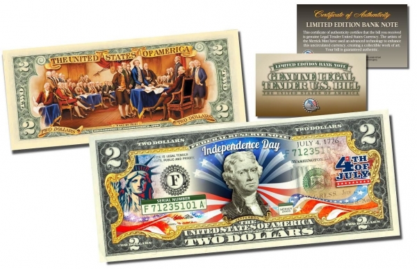 Банкнота 2 доллара США День Независимости США 4 июля,2016 г