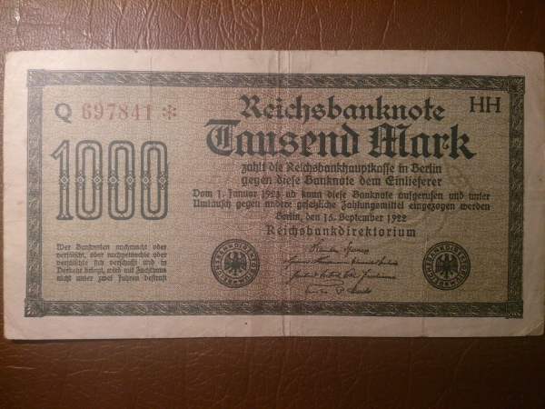 1000 марок Веймарская республика 1922 года Серия НН № Q 697841