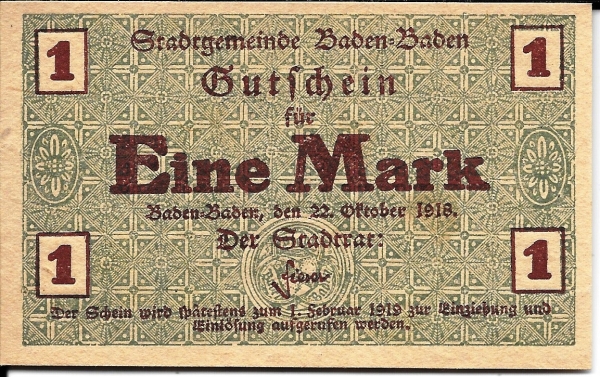 Германия 1 марка 1918 года Баден-Баден UNC