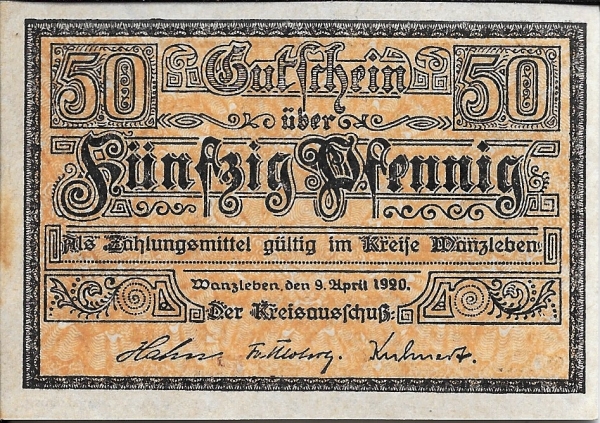 Германия 50 пфеннингов 1920 года  Ванцлебен земля Саксония-Анхальт UNC