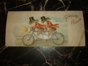 Старин.открытка.ПАСХА.ЗАЙЦЫ-ДЖЕНТЛЬМЕНЫ во фраках и цилиндрах на велосипеде,фара-пасхальное яйцоЮМОР