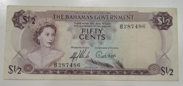 бона / банкнота Багамские острова 50 центов, (1/2 $) 1965 г. редкость