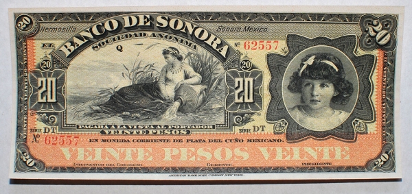 Мексика банк Сонора Sonora 20 песо 1911 UNC