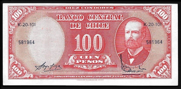 Чили 100 песо 1960 года (1961)  P-127а.3  UNC