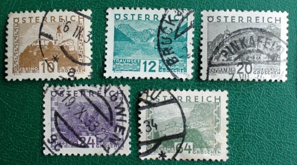 Австрия 1932 Города Достопримечательности Sc#340, 341, 343. 344, 353 Used