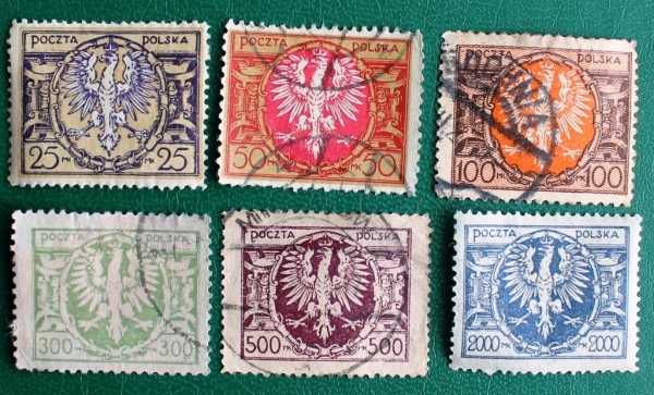 Польша 1921-23 Герб Орел Sc#163-165,167, 169, 169В Used