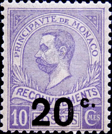 Монако 1919 год Prince Albert I (1848-1922) надпечатка 20 с . Доплатная . Каталог 4 € .