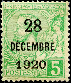 Монако 1921 год . Prince Albert I (1848-1922) , 5 c , надпечатка "28 - DECEMBRE - 1920" . (1)