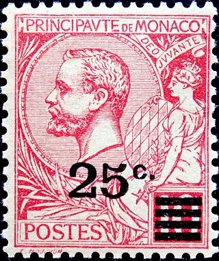 Монако 1922 год . Prince Albert I (1848-1922) , надпечатка 25 с . Каталог 2 € . (1)