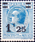 Монако 1926 год . Принц Луи II (1870-1949) . Надпечатка 1f25 .