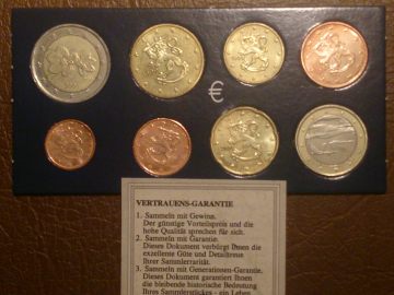 Набор монет Финляндии: 2,1 евро, 50,20,10,5,2,1 евроцент (8 шт.) Сертификат 1991-2001, _233_