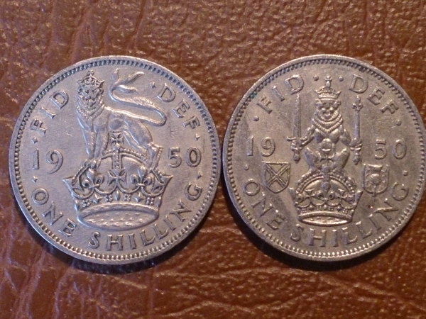 1 шиллинг 1950 года - Великобритания - 2 монеты: Английский и Шотландский герб, Доп.