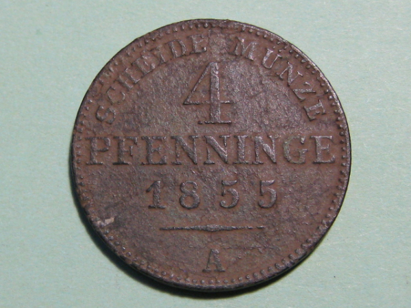 Монета 4 пфеннинга 1855А Пруссия Оригинал  