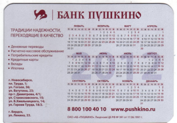 Календарик на 2012 год Банк Пушкино магнит