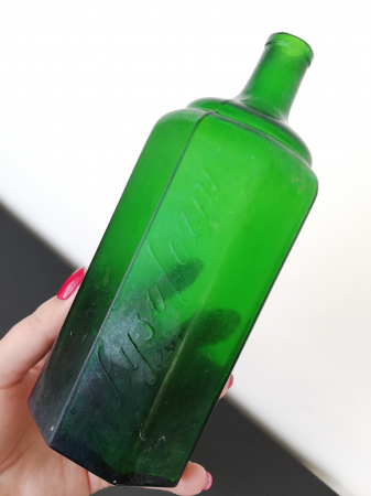 Старое стекло Кёнигсберга Бутылка зеленое стекло надпись Lysoform Начало 20 века Германия Высота 19 см. Объем 500 мл. 