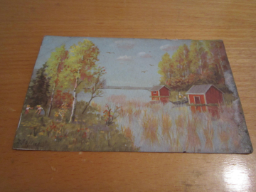 Открытое письмо.Почтовая карточка.Пейзаж,"Домики на озере",ручная работа,до 1945 г.