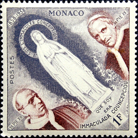 Монако 1958 год . 100 лет явлению Богородицы в Лурде , Папа Пий 9-й и 12-й (7) .
