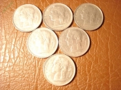 1 франк 1950, 1951, 1952, 1955,1957, 1958 год (шесть монет одним лотом) Бельгия