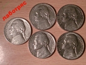 Набор 5 центов 1964,1980,1988,1992,1995 P США_187_
