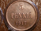 5 пенни 1917 год, Для Финляндии (Николай II), с вензелем, в капсуле; _243_