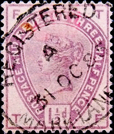 Великобритания 1884 год . Виктория . 1,5 p . Каталог  45 £ . (2)