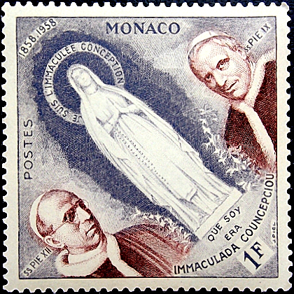 Монако 1958 год . 100 лет явлению Богородицы в Лурде , Папа Пий 9-й и 12-й (5) .