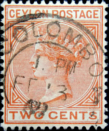 Цейлон 1883 год . Королева Виктория 2 с. Каталог 3,75 £ .