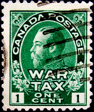 Канада 1915 год . Король Георг V , военный налог . 1 с . Каталог 0,8 €.