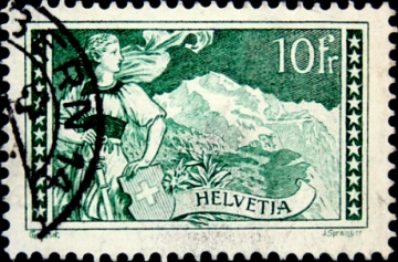 Швейцария 1931 год . Гельвеция в Бернском костюме и гора Юнгфрау 10 fr. Каталог 50,0 €. (1)