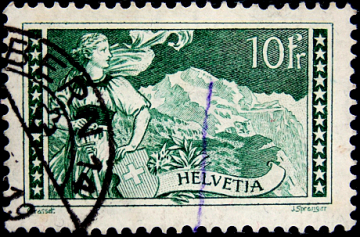 Швейцария 1931 год . Гельвеция в Бернском костюме и гора Юнгфрау 10 fr. Каталог 50,0 €. (2)