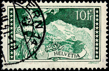 Швейцария 1931 год . Гельвеция в Бернском костюме и гора Юнгфрау 10 fr. Каталог 50,0 €. (3)