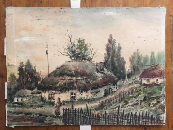 Картина Акварель "Украинские хаты" 19 век Старая пруссия,Царская Россия