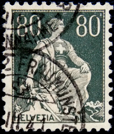Швейцария 1916 год . Гельвеция с мечом , 80 с . Каталог 2,20 €. (1)