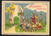 Открытка Германия 1947 г. Ранняя Пасха. Зайцы, кролики, яйцо, дом подписана 1948 г