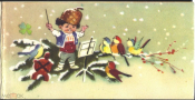 Открытка СССР 1960-е С Новым Годом! Мальчик дирижер, птицы, елка. Двойная чистая редкая