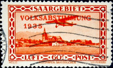  Германия , СААР 1934 год . Самолет летит в Саарбрюккен . Каталог 4,0 £.