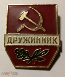 Знак СССР Дружинник, листья, красный фон, легкий металл, булавка, клеймо, отличный сохран