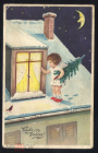 Открытка 1940-е Чехия. Весёлого Рождества. Ангел на крыше с елкой. Подписана 1046 г. редкая