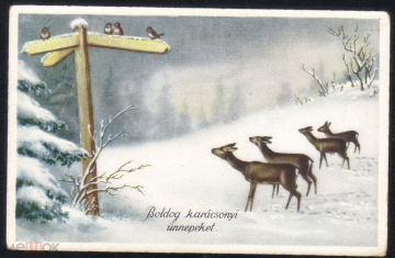 Открытка Венгрия 1940-е. Счастливого рождества!. Олени, косули, лес, зима подписана редкая