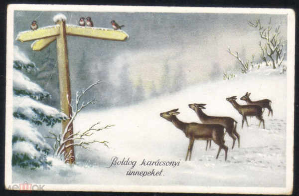 Открытка Венгрия 1940-е. Счастливого рождества!. Олени, косули, лес, зима подписана редкая