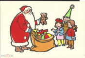 Открытка Болгария 1960-е С Новый Годом, Дед мороз, дети, игрушки, мешок. двойная чистая редкость!